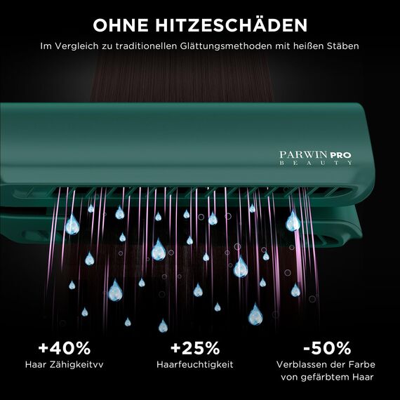 Air Haarglätter, PARWIN PRO BEAUTY Ionen Air Glätteisen, Nass bis Trocken, Ohne Heizplatten, Glätten mit Luft, Max.ca. 160 ℃, für Mittleres Haar und Langes Haar(35-75cm), 1200W, Dunkelgrün