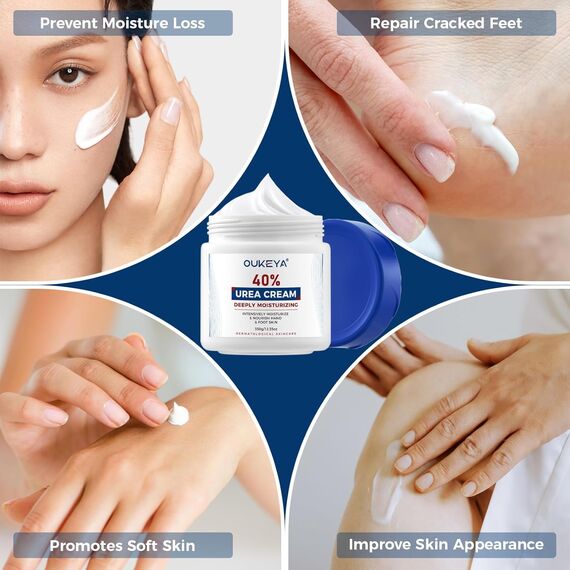 OUKEYA Urea-Creme 40 Prozent für Fuß und Hände, Urea Cream Fuß, Fußcreme, Harnstoffcreme für Trockene, Rissige Füße, Anti Hornhaut, für Fersen, Ellenbogen, Maximaler Stärke, 350g, 4er Pack