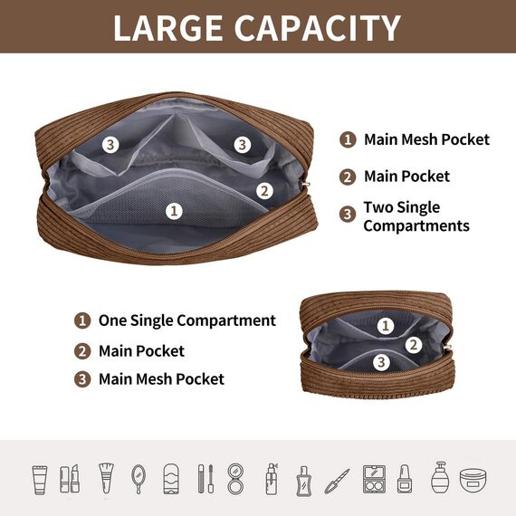 MAGEFY Kosmetiktasche Kleine Make up Tasche für Handtasche, Cord Schminktasche Damen mit Fächern Reise Makeup Tasche für Frauen(Braun)