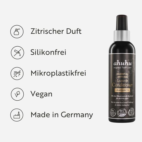 ahuhu ESSENTIAL ANTI-AGE Leave-In Conditioner (200 ml) – Leave In Haarpflege Für Damen, Hair Care Mit Radiancyl & Bio-Pfefferminzextrakt, Stärkt & Pflegt Das Haar, Für Mehr Glanz & Fülle