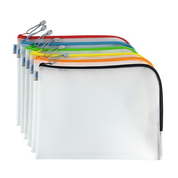 HERMA Dokumententasche mit Reißverschluss Set, 50 Stück, wasserdichte Reißverschlusstasche, verschließbare Dokumentenmappe aus Kunstoff mit Zipper, halb-transparent, 5 verschiedene Größen