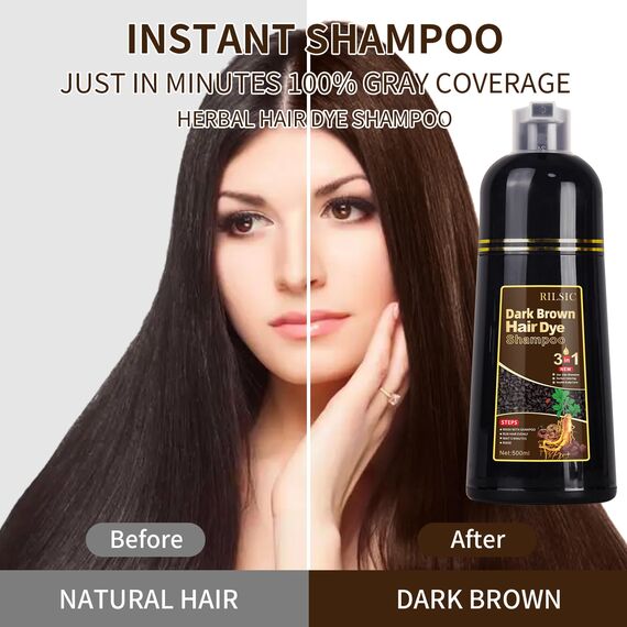 GFEUGS Haarfarbe Dunkelbraune Haarfärbeshampoo, 500ML Hair Dye Shampoo 3 in 1 Gegen Graue Haare, Hair Color Sofort Haarfarbe Shampoo Tönungsshampoo,Hair Colour Farbshampoo Haartönung für Männer Frauen