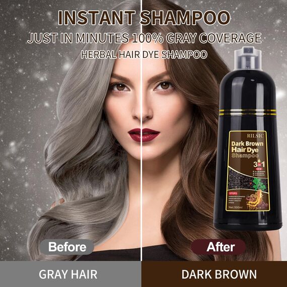 GFEUGS Haarfarbe Dunkelbraune Haarfärbeshampoo, 500ML Hair Dye Shampoo 3 in 1 Gegen Graue Haare, Hair Color Sofort Haarfarbe Shampoo Tönungsshampoo,Hair Colour Farbshampoo Haartönung für Männer Frauen