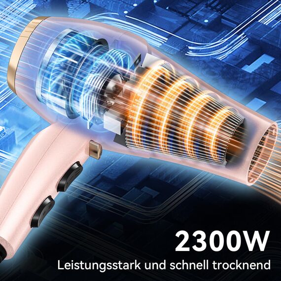 CONFU 2300W Profi Föhn Ionen Technologie Salon Fön Haartrockner mit Diffusor StylingDüse, 2 Geschwindigkeit und 3 Heizstufen (rosa Farbe)
