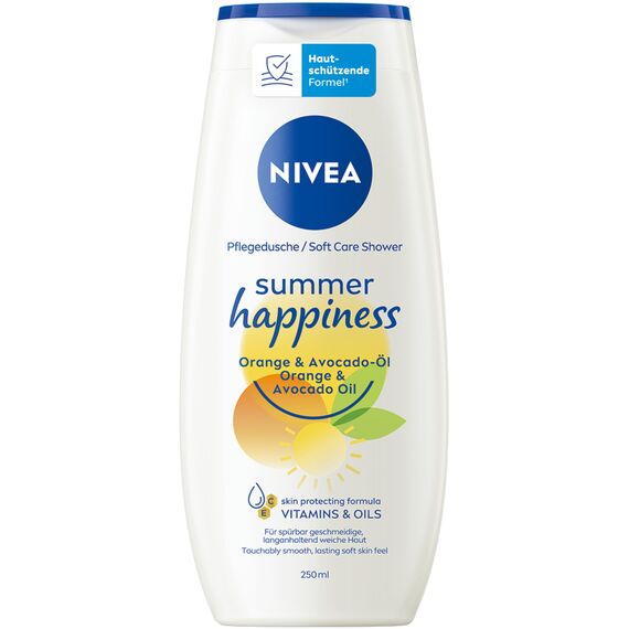 NIVEA Summer Happiness Pflegedusche, pH-hautneutrales Duschgel mit wertvollem Avocado-Öl, feuchtigkeitsspendende Cremedusche mit fruchtigem Orangenblüten-Duft (250 ml)