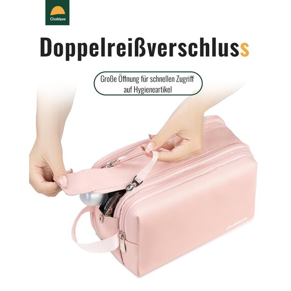 Chakipee Kosmetiktasche Damen Kulturbeutel Reise Kulturtasche Waschtasche, wasserdichte Kulturtaschen, Leichte Toilettentasche mit Doppelter Reißverschlüssen, Badezimmerutensilien (Rosa)