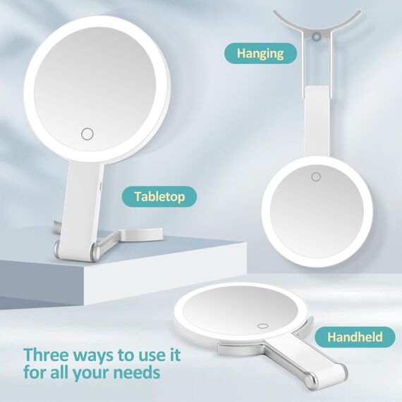 B Beauty Planet Reisespiegel mit 30-facher/1-facher Vergrößerung, doppelseitig wiederaufladbar, einstellbare Helligkeit, 3-farbige Beleuchtung, faltbar, Handheld/Hängen/Tischplatte, 3 Möglichkeiten