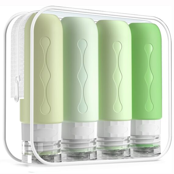 Gemice Silikon Reiseflaschen 90ml Set, 4 Stück auslaufsichere Reise Container und Reise Toilettenartikel Set, FDA zugelassene nachfüllbare Flüssigkeitsbehälter für Shampoo Creme Spülung Körperpflege