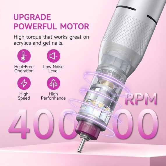 HALMAI Elektrischer Nagelfräser Professionell, Tragbare Nagelfeile für Acryl-Gel-Nägel, Kabelloses wiederaufladbares Nagelbohrer-Kit 40000RPM, HMC320 Salon-Grade Efeil-Nagelmaschine (Weiß)