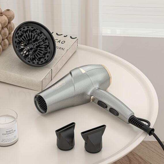 CONFU 2300W Profi Föhn Ionen Technologie Salon Fön Haartrockner mit Diffusor StylingDüse, 2 Geschwindigkeit und 3 Heizstufen (Grau)