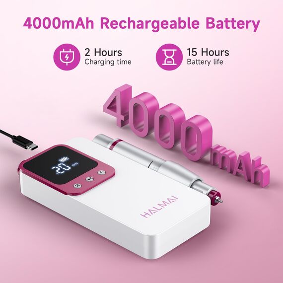 HALMAI Elektrischer Nagelfräser Professionell, Tragbare Nagelfeile für Acryl-Gel-Nägel, Kabelloses wiederaufladbares Nagelbohrer-Kit 40000RPM, HMC320 Salon-Grade Efeil-Nagelmaschine (Weiß)