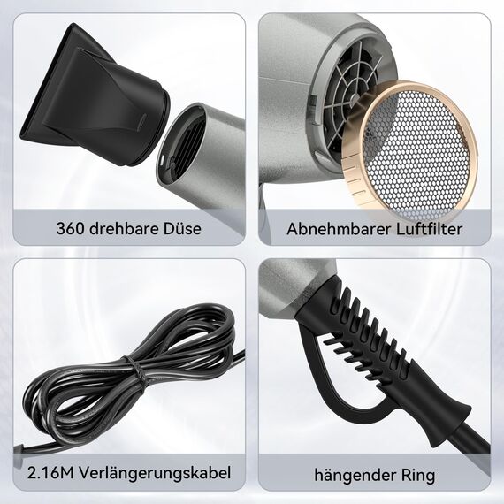 CONFU 2300W Profi Föhn Ionen Technologie Salon Fön Haartrockner mit Diffusor StylingDüse, 2 Geschwindigkeit und 3 Heizstufen (Grau)