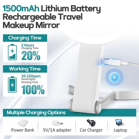 B Beauty Planet Reisespiegel mit 30-facher/1-facher Vergrößerung, doppelseitig wiederaufladbar, einstellbare Helligkeit, 3-farbige Beleuchtung, faltbar, Handheld/Hängen/Tischplatte, 3 Möglichkeiten