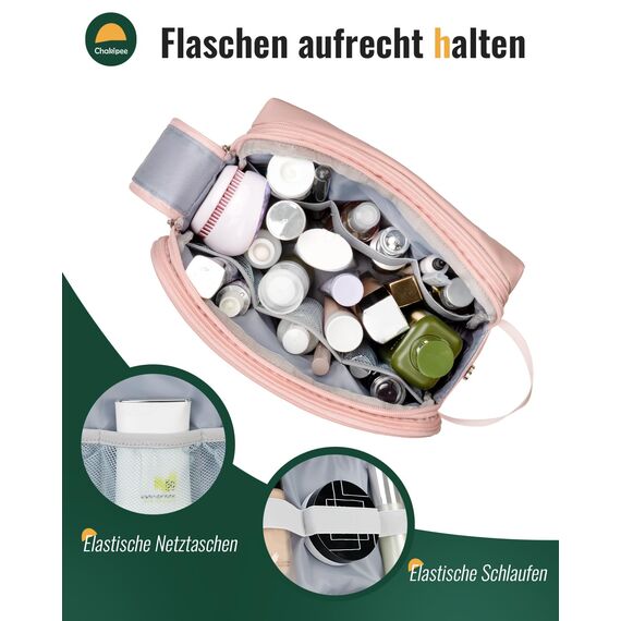 Chakipee Kosmetiktasche Damen Kulturbeutel Reise Kulturtasche Waschtasche, wasserdichte Kulturtaschen, Leichte Toilettentasche mit Doppelter Reißverschlüssen, Badezimmerutensilien (Rosa)