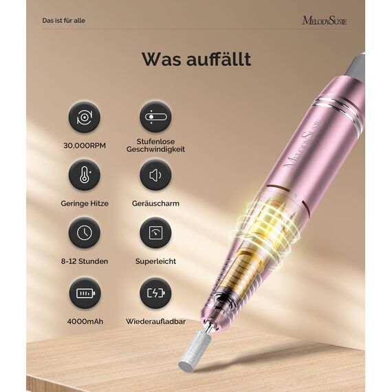 MelodySusie SC300F Professioneller Aufsteckbarer Nagelfräser, Wiederaufladbare Elektrische Nagelfeile 30000 U/min, mit LCD-Display, Verstellbarer Geschwindigkeit, für Acrylnägel Gelnägel, für Salon