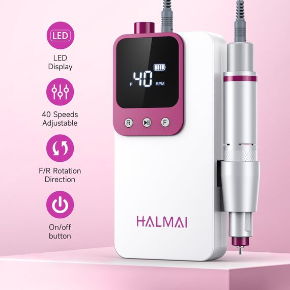 HALMAI Elektrischer Nagelfräser Professionell, Tragbare Nagelfeile für Acryl-Gel-Nägel, Kabelloses wiederaufladbares Nagelbohrer-Kit 40000RPM, HMC320 Salon-Grade Efeil-Nagelmaschine (Weiß)