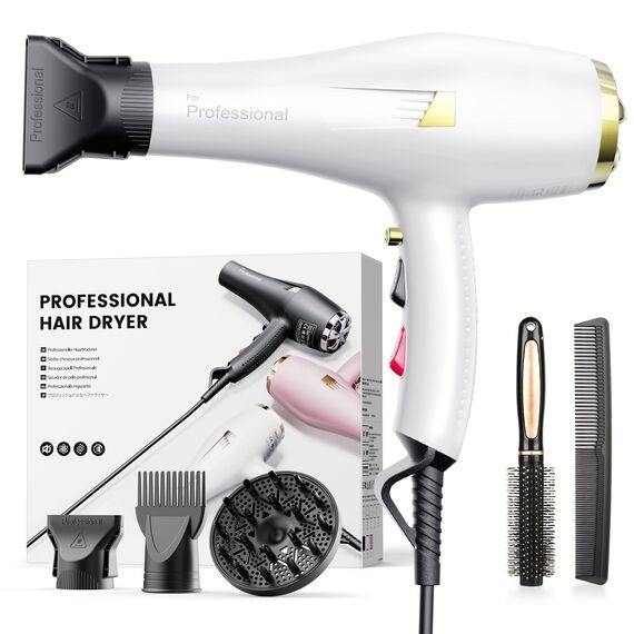 Profi Föhn Ionen Fön Haartrockner Hair Dryer Haarföhn mit 1 Diffusor 2 Stylingdüse, 3 Heiz und 2 Geschwindigkeitsstufen, 2.5 Meter langes Netzkabel, Starker Fön für Familie (blau) (Weiß)