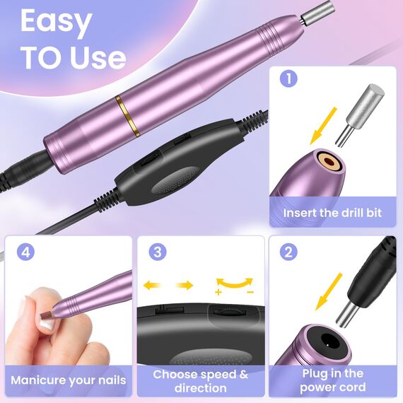 Nagelfräser, Fräser für Gelnägel, 20000 u/Min Verstellbare Geschwindigkei Nagelfräser für Gelnägel, Tragbares Maniküre Set Elektrische Nagelfeile mit 6 Bohrern für Gelnägel und Acrylnägel