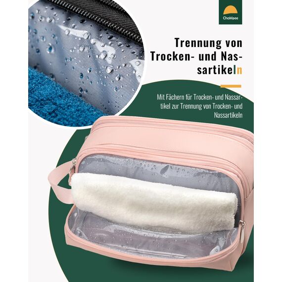 Chakipee Kosmetiktasche Damen Kulturbeutel Reise Kulturtasche Waschtasche, wasserdichte Kulturtaschen, Leichte Toilettentasche mit Doppelter Reißverschlüssen, Badezimmerutensilien (Rosa)