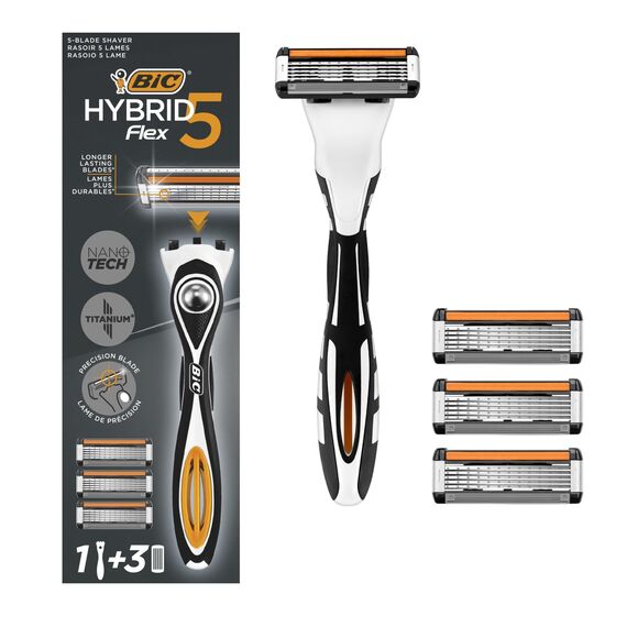 BIC Hybrid 5 Flex Rasierer Herren, Nassrasierer mit 3 Wechselklingen mit je 5 Klingen, mit Aloe Vera und Vitamin E, mit Präzisionstrimmer