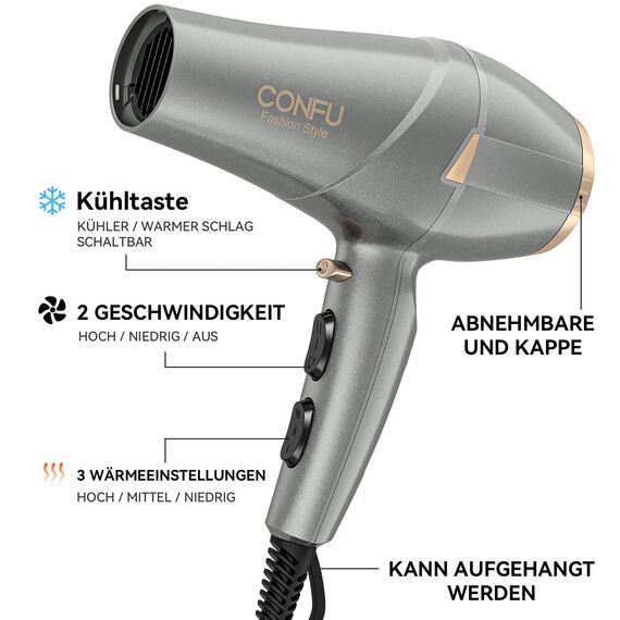 CONFU 2300W Profi Föhn Ionen Technologie Salon Fön Haartrockner mit Diffusor StylingDüse, 2 Geschwindigkeit und 3 Heizstufen (Grau)