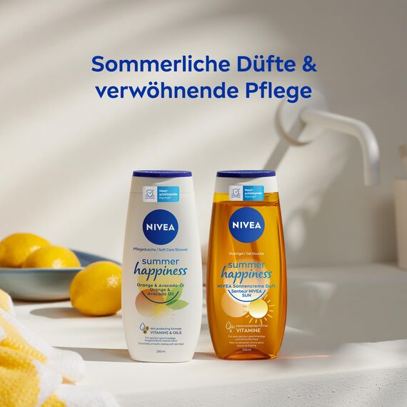NIVEA Summer Happiness Pflegedusche, pH-hautneutrales Duschgel mit wertvollem Avocado-Öl, feuchtigkeitsspendende Cremedusche mit fruchtigem Orangenblüten-Duft (250 ml)