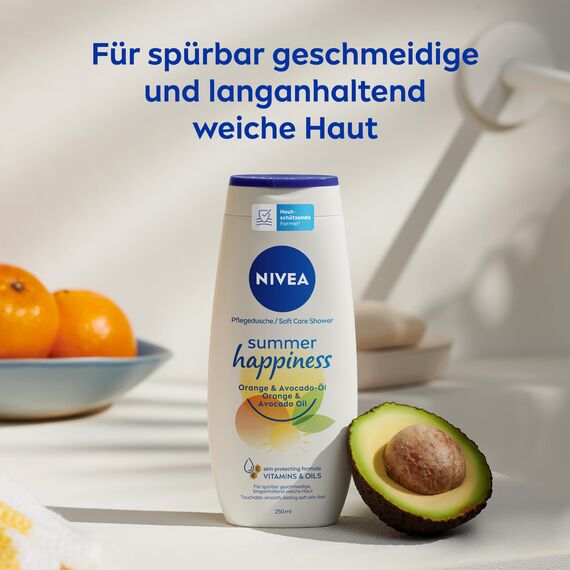 NIVEA Summer Happiness Pflegedusche, pH-hautneutrales Duschgel mit wertvollem Avocado-Öl, feuchtigkeitsspendende Cremedusche mit fruchtigem Orangenblüten-Duft (250 ml)
