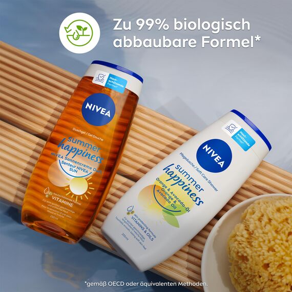 NIVEA Summer Happiness Pflegedusche, pH-hautneutrales Duschgel mit wertvollem Avocado-Öl, feuchtigkeitsspendende Cremedusche mit fruchtigem Orangenblüten-Duft (250 ml)