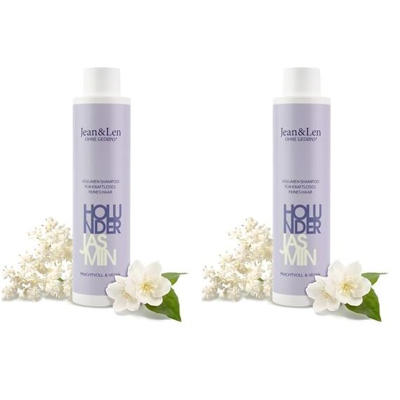 Jean & Len Volumen Shampoo Holunder & Jasmin, für kraftloses und feines Haar, verleiht Volumen, fruchtig-blumiger Duft, ohne Parabene und Silikone, vegan, 300 ml (Packung mit 2)
