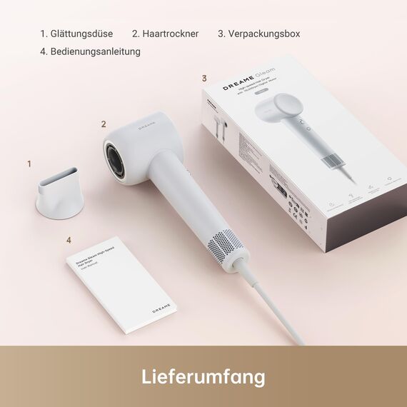 dreame Hair Gleam Haartrockner, Schneller Hochgeschwindigkeitsmotor mit 110.000 U/m, 65m/s Luftstrom, 330g, 200 Millionen Negative Ionen, Temperatur- und Luftstromregelung, Grau
