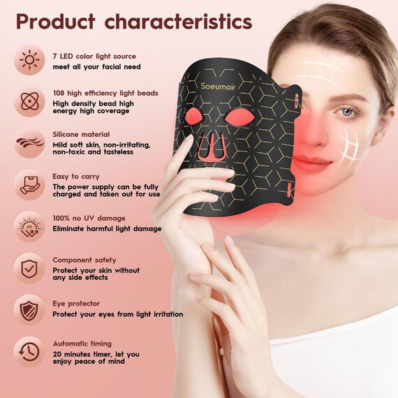 Soeumoir LED Gesichtsmaske mit Rotlichttherapie – 7 Farben LED Lichtmaske gegen Akne, Falten & Hautverjüngung – Pflegegerät für alle Hauttypen – Professionelle Hautpflege für Zuhause & Reise