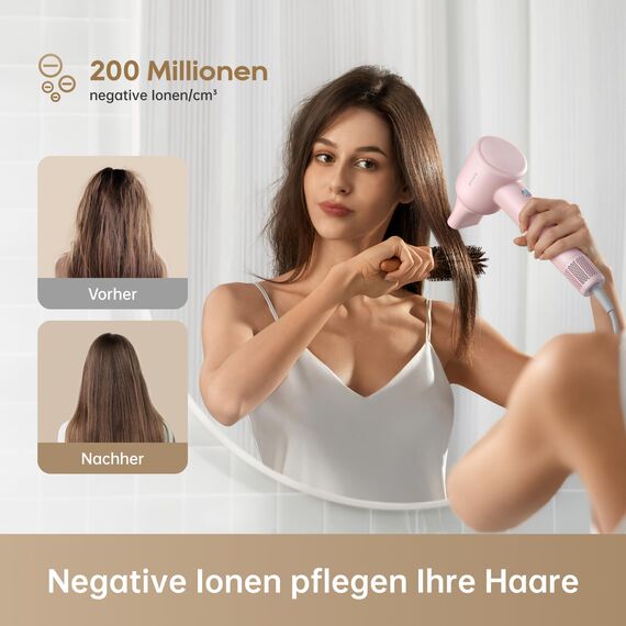 dreame Hair Gleam Haartrockner, Schneller Hochgeschwindigkeitsmotor mit 110.000 U/m, 65m/s Luftstrom, 330g, 200 Millionen Negative Ionen, Temperatur- und Luftstromregelung, Rosa