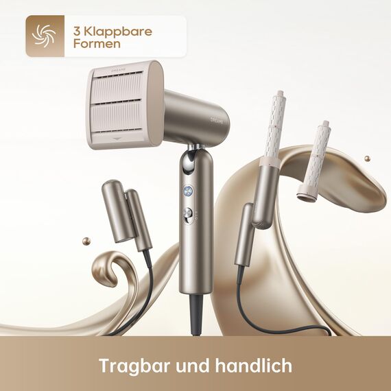 dreame Pocket Neo Hochgeschwindigkeits-Haartrockner, in 3 Formen klappbar, 300 g leicht, 110.000 U/min Motor, 300 Millionen negative Ionen/cm³, 57 °C konstante Temperatur-Titanium Gold