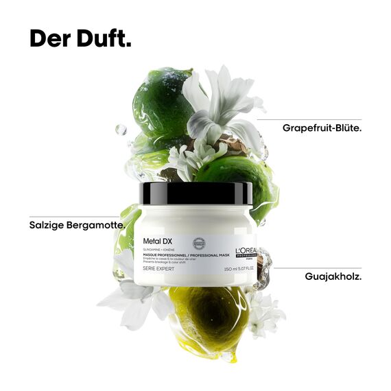 L'Oréal Professionnel Haarmaske für alle Haartypen, Anti-Haarbruch, Feuchtigkeit. Geschmeidigkeit & Glanz, kraftvolles Haar, frischer Duft, mit Glicoamin, Serie Expert, Metal DX Maske, 150ml