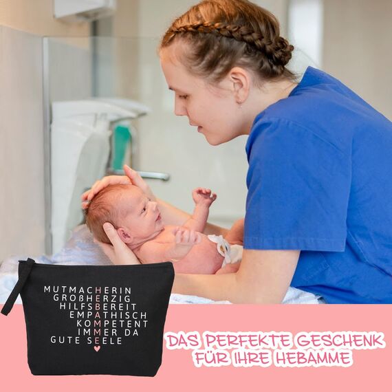 MEJOSER Hebamme Geschenk Kosmetiktasche Klein Dankeschön Geschenke Schwarz Kulturtasche Schminktasche Kulturbeutel Hebamme mit Herz Make Up Tasche Doppelseitig