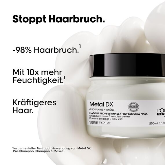 L'Oréal Professionnel Haarmaske für alle Haartypen, Anti-Haarbruch, Feuchtigkeit. Geschmeidigkeit & Glanz, kraftvolles Haar, frischer Duft, mit Glicoamin, Serie Expert, Metal DX Maske, 150ml