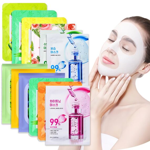 12 Stück Tuchmasken Gesicht, Daily Care Masken Gesicht, Gesichtsmasken & Gesichtskuren für Frauen, Gesichtsmaske Tuchmaske, Hydrat und Beruhigt Feuchtigkeitsmaske Gesicht für Jeden Hauttyp