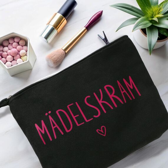 MEJOSER Mädelskram Kosmetiktasche Klein Schwarz Krimskrams Kulturtasche Schminktasche Mädchen Geschenke für Damen Frauen Freundin Mama Kollegin JGA Team Braut Kulturbeutel Make Up Tasche mit Spruch