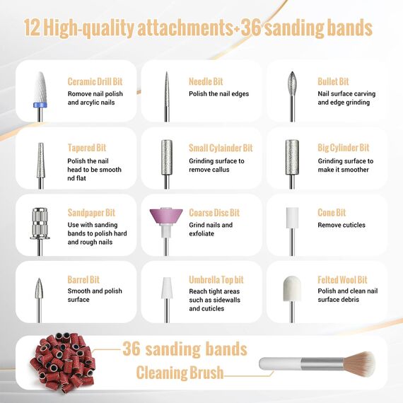 Nagelfräser, Denabuty Elektrische Nagelfeile Kabellos 12 in 1 Fräser für Gelnägel 25000 u/Min, USB Wiederaufladbare, 5 Verstellbare Geschwindigkei, Maniküre Pediküre Set Schwarz