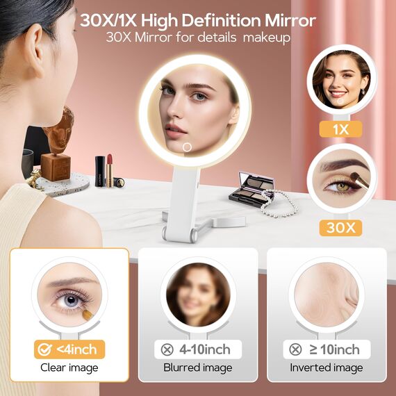 MIYADIVA Make-up Spiegel mit Beleuchtung, 2-seitig (1x/30X Vergrößerung), 3-in-1 (Hand/Tisch/Wand), 3 Lichtfarben, dimmbar – Kosmetikspiegel für Reise, Büro, Schlafzimmer, Geschenk für Frauen Weiß