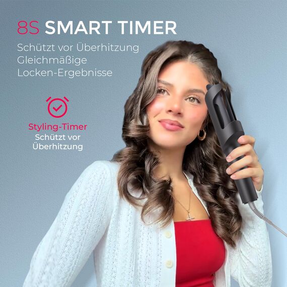 TYMO CURLPRO Lockenstab Automatisch - Hitzeschutz Beach Waves Lockenstäbe 32mm mit 3 Temperaturstufen, 160-210℃, Automatischer Rotierender Lockenstab für Große und Kleine Locken, Metallgrau