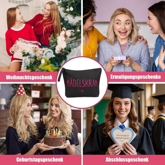 MEJOSER Mädelskram Kosmetiktasche Klein Schwarz Krimskrams Kulturtasche Schminktasche Mädchen Geschenke für Damen Frauen Freundin Mama Kollegin JGA Team Braut Kulturbeutel Make Up Tasche mit Spruch
