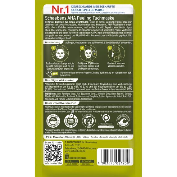Schaebens AHA Peeling Tuchmaske - RENEWAL BOOSTER, verfeinert das Hautbild, löst abgestorbene Hautschüppchen mit AHA-Fruchtsäure, Niacinamide und Panthenol für alle Hauttypen