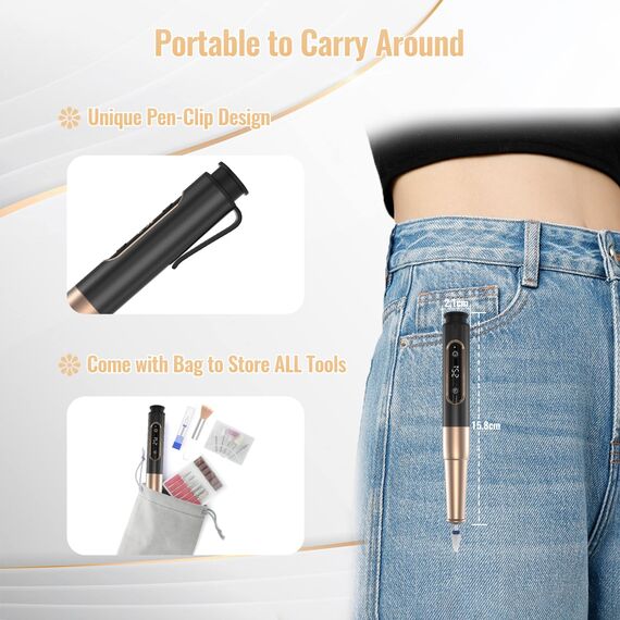 Nagelfräser, Denabuty Elektrische Nagelfeile Kabellos 12 in 1 Fräser für Gelnägel 25000 u/Min, USB Wiederaufladbare, 5 Verstellbare Geschwindigkei, Maniküre Pediküre Set Schwarz