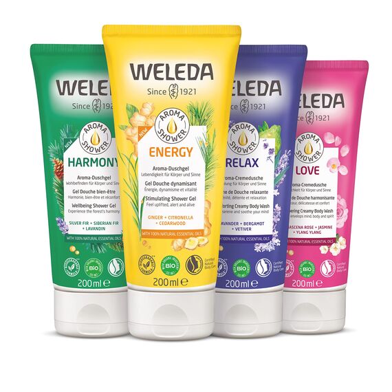 WELEDA Bio Love Duschgel vegan - Naturkosmetik Aroma Shower Duschseife für Frauen & Männer mit Rose, Jasmin & Ylang Duft, Natürliche Hautpflege Dusche zur Reinigung von Gesicht & Körper (1x 200ml)