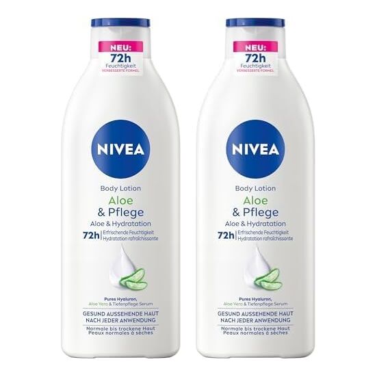 NIVEA Body Lotion Aloe & Pflege, Körpercreme mit Tiefenpflege Serum für 72h Feuchtigkeit, Körperlotion mit purem Hyaluron und Aloe Vera natürlichen Ursprungs(400 ml) (Packung mit 2)