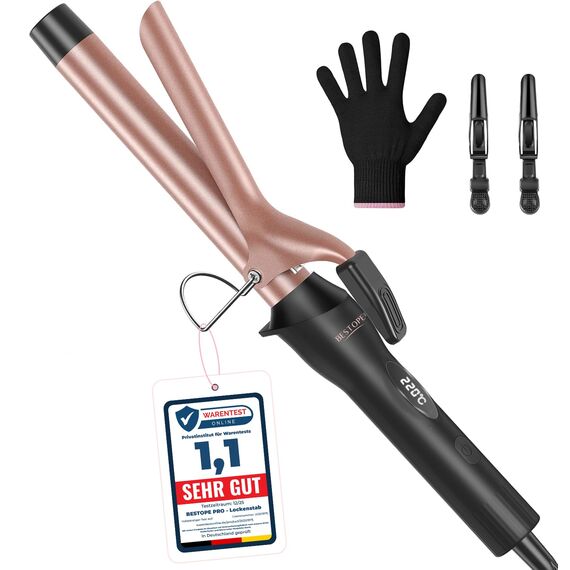 BESTOPE PRO 25mm Lockenstab, Keramik-Welleneisen für Haare mit Negativen Ionen, 8 Einstellbaren Temperaturen, 30S - Schnelles Aufheizen, 60Min Auto - Abschaltung, Handschuh, 2 Klammern, Roségold