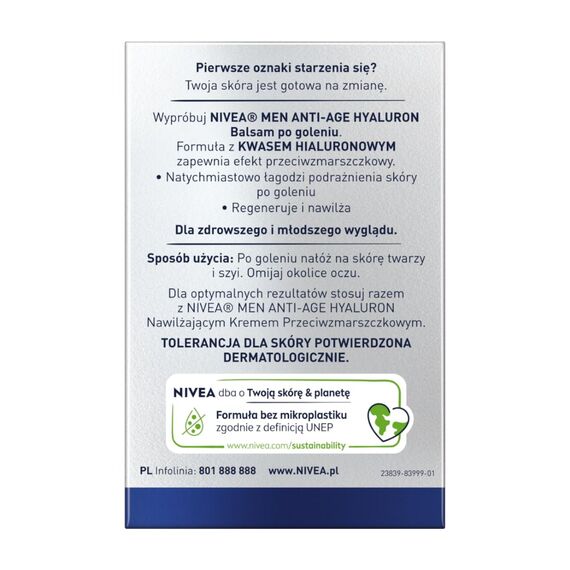 NIVEA MEN Anti-Age Hyaluron After Shave Balsam, erfrischendes After Shave mit Hyaluron für 24h Feuchtigkeit, beruhigende Gesichtspflege nach der Rasur (100 ml) (Packung mit 2)