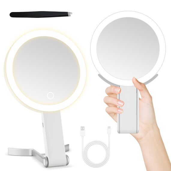 MIYADIVA Make-up Spiegel mit Beleuchtung, 2-seitig (1x/30X Vergrößerung), 3-in-1 (Hand/Tisch/Wand), 3 Lichtfarben, dimmbar – Kosmetikspiegel für Reise, Büro, Schlafzimmer | Geschenk für Frauen | Weiß