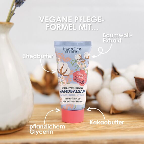 Jean & Len – Handbalsam Baumwolle & Sheabutter, Handpflege für trockene bis sehr trockene Hände, pflegt intensiv und ist dabei besonders mild, ohne Parabene & Silikone, vegan, Mini Handcreme, 20 ml